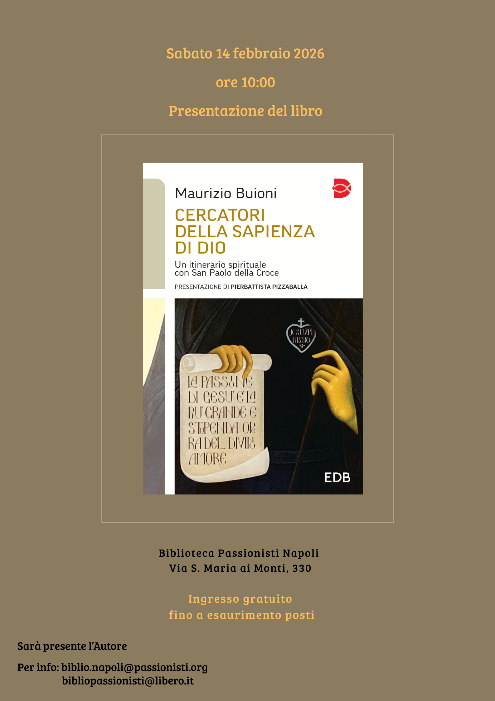 locandina evento del 14 febbraio 2026 biblioteca passionisti Napoli